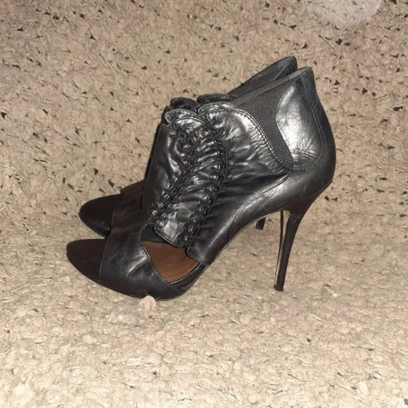 ALLSAINTS-Arachine-Black Leather Braided-Peep Toe-Gusset Booties-Sz 37-Excellent - Picture 2 of 8